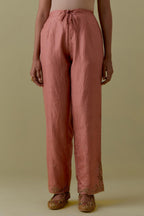 Peach Silk Straight Pants with Floral Handwork