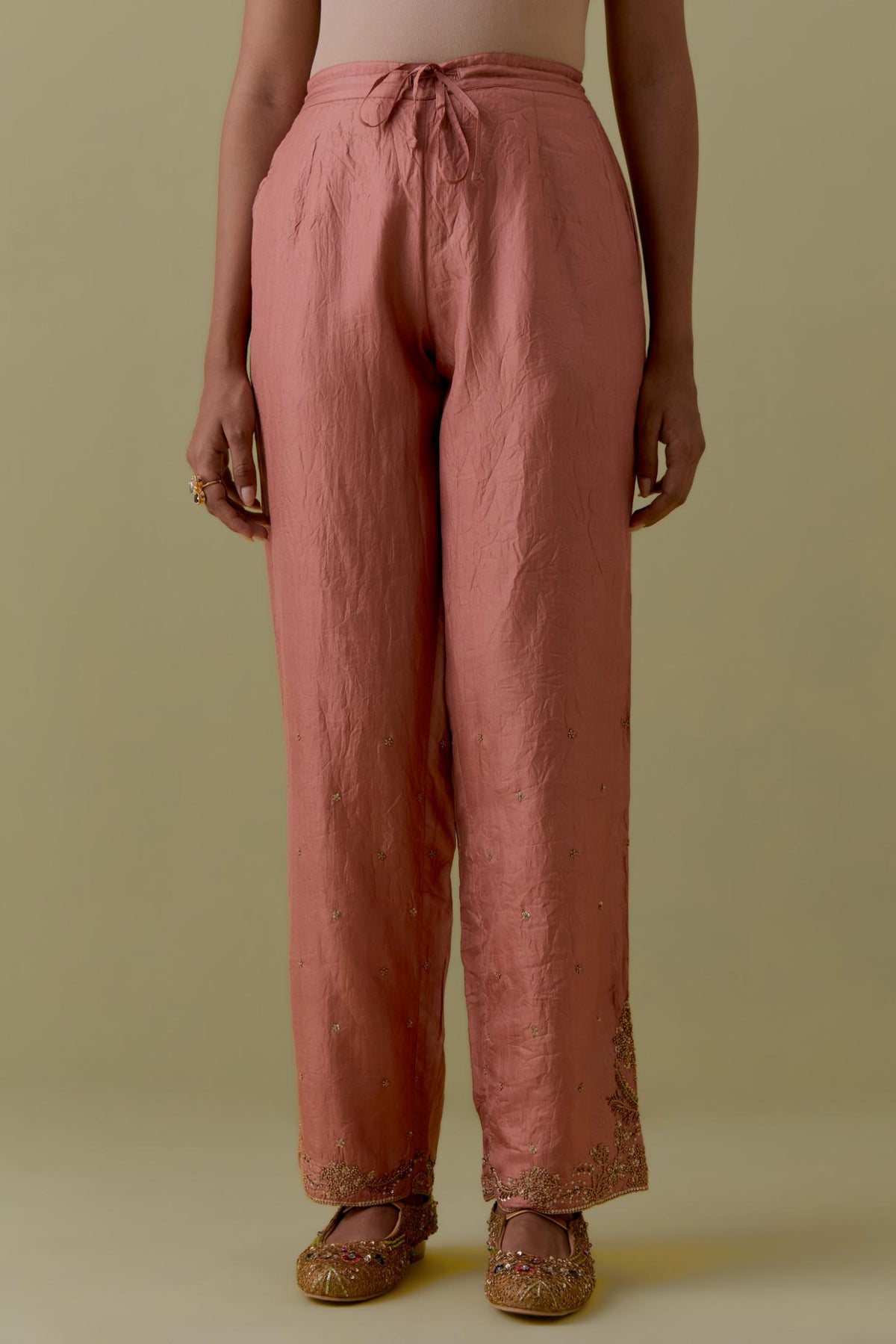 Peach Silk Straight Pants with Floral Handwork