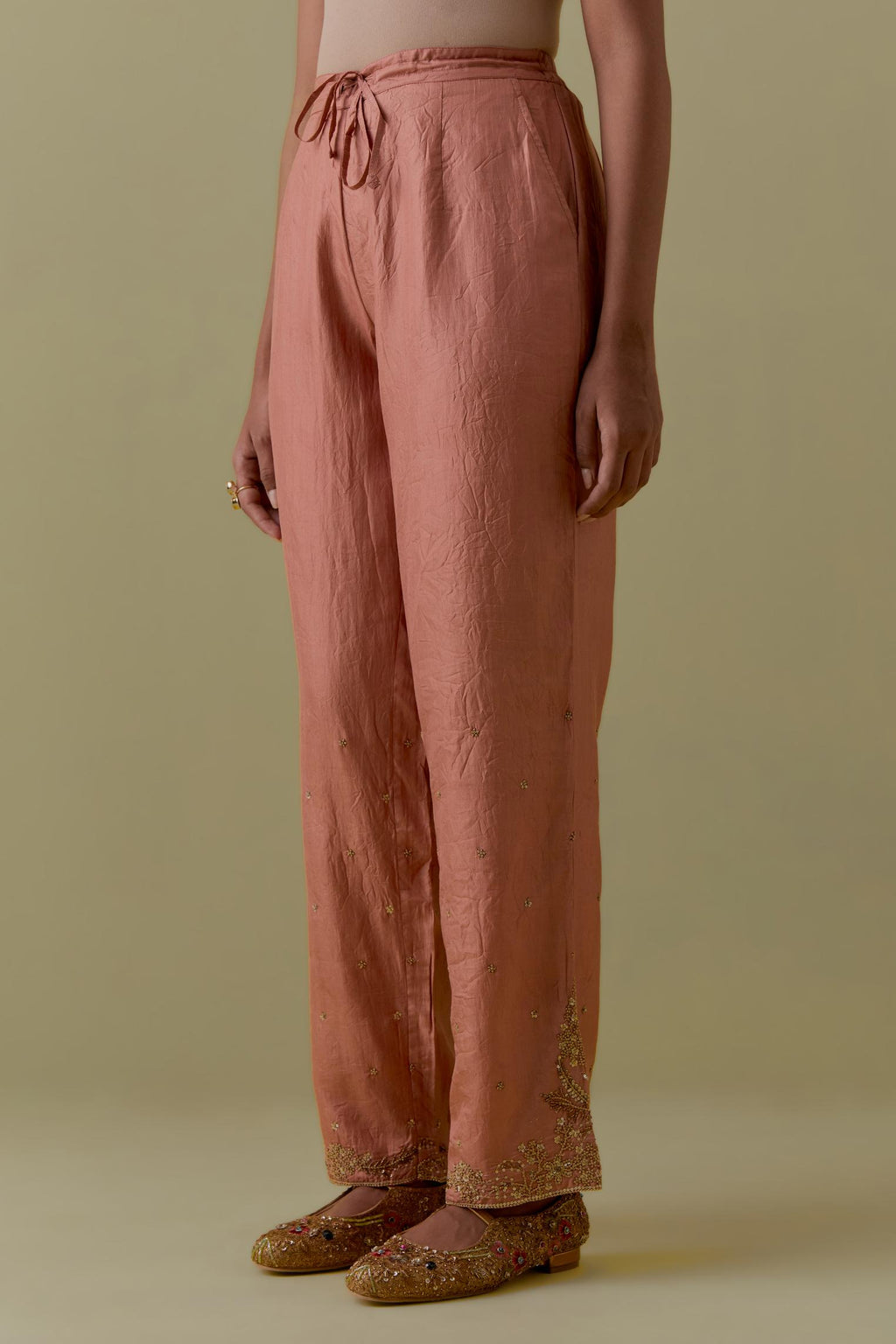 Peach Silk Straight Pants with Floral Handwork