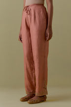 Peach Silk Straight Pants with Floral Handwork
