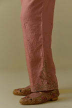 Peach Silk Straight Pants with Floral Handwork