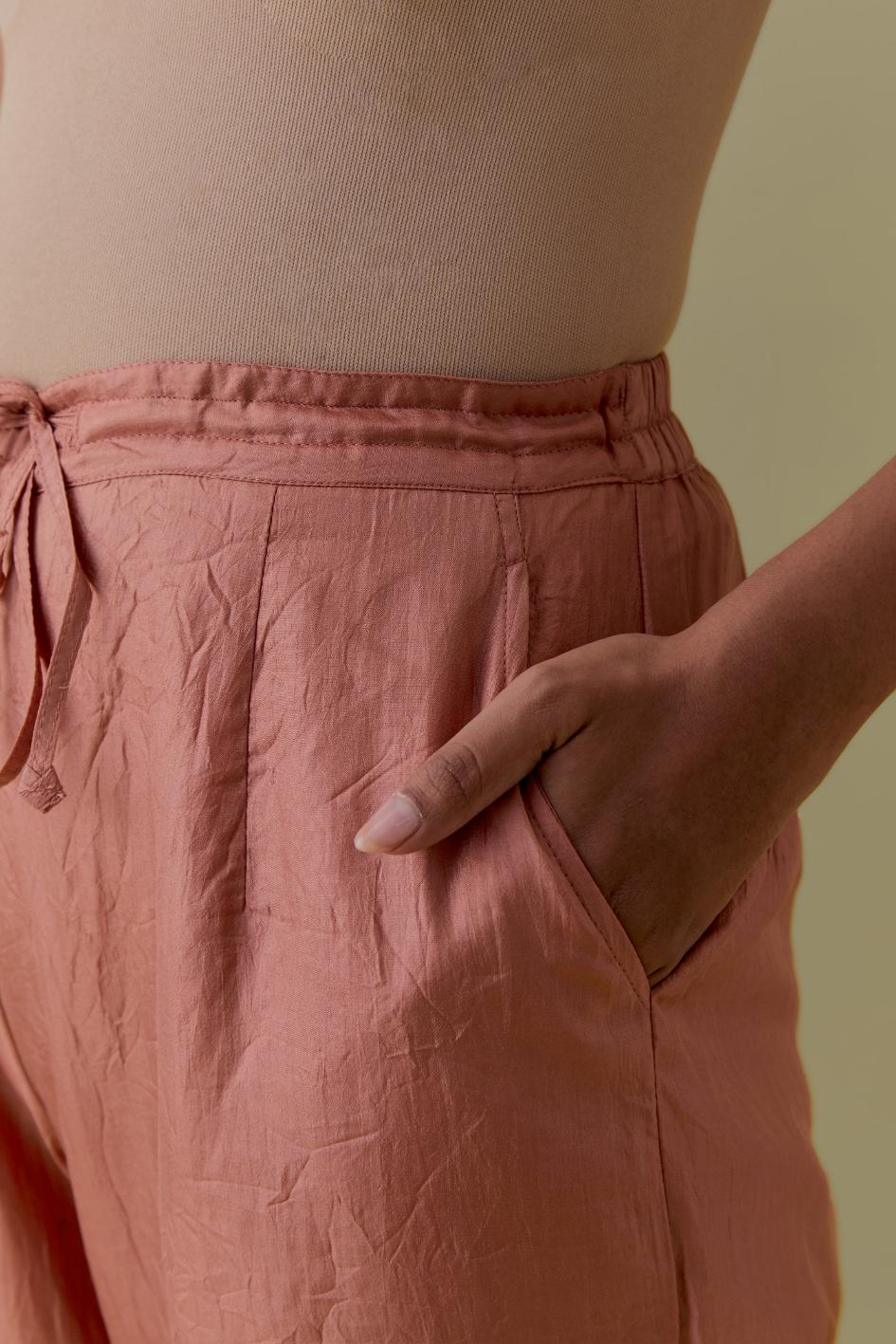 Peach Silk Straight Pants with Floral Handwork