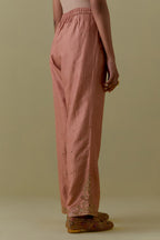 Peach Silk Straight Pants with Floral Handwork