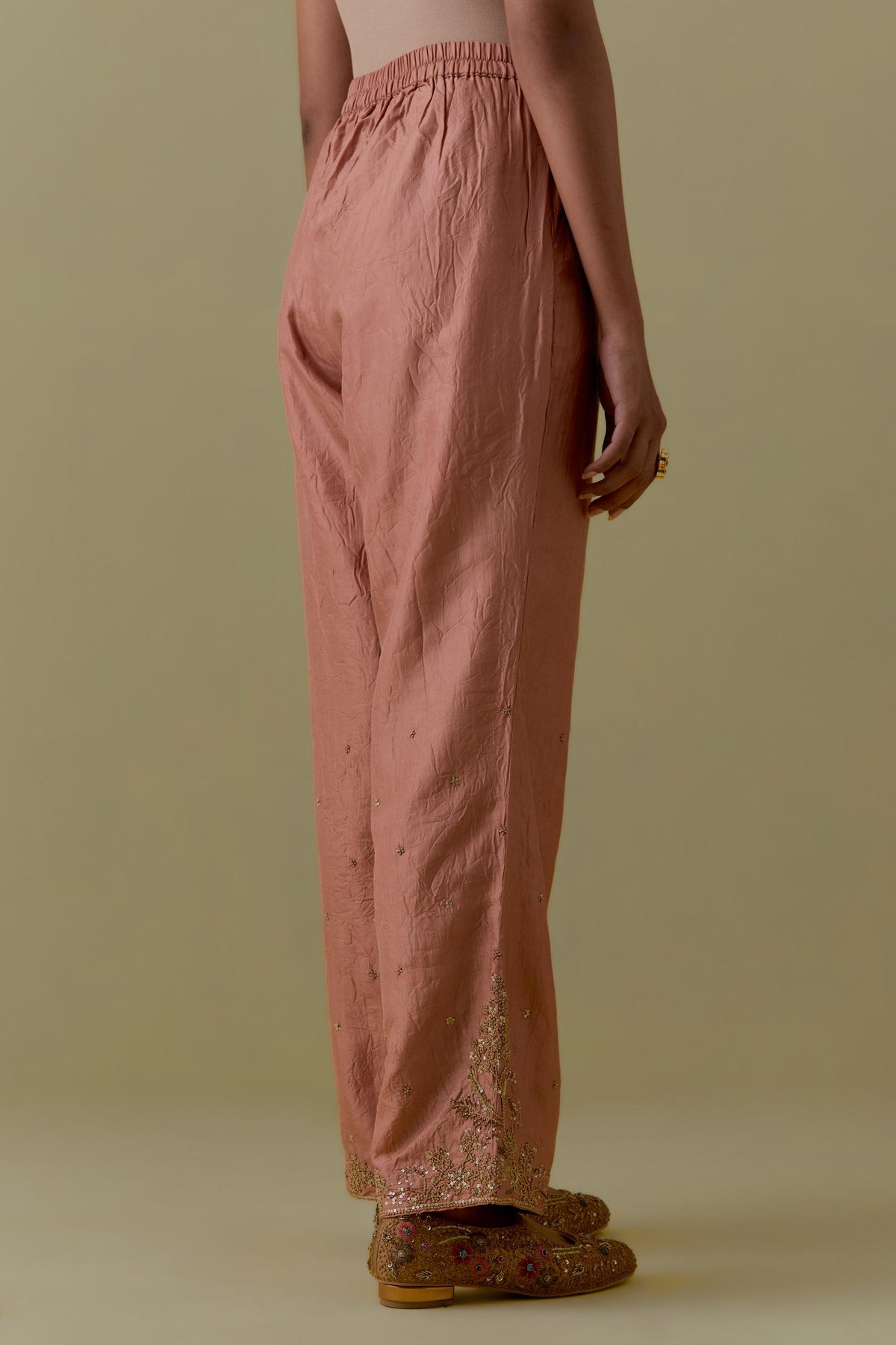Peach Silk Straight Pants with Floral Handwork