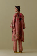 Peach A-Line silk short Kurta set with Multicoloured Appliqué & Gold Handwork.