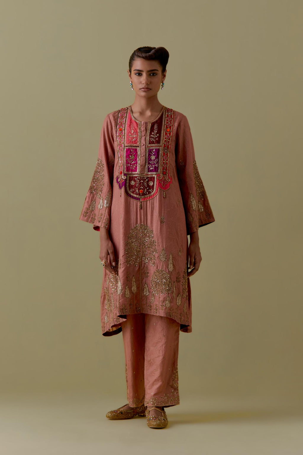 Peach A-Line silk short Kurta set with Multicoloured Appliqué & Gold Handwork.