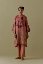 Peach A-Line silk short Kurta set with Multicoloured Appliqué & Gold Handwork.