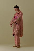 Peach A-Line silk short Kurta set with Multicoloured Appliqué & Gold Handwork.