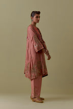 Peach A-Line silk short Kurta set with Multicoloured Appliqué & Gold Handwork.