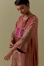Peach A-Line silk short Kurta set with Multicoloured Appliqué & Gold Handwork.