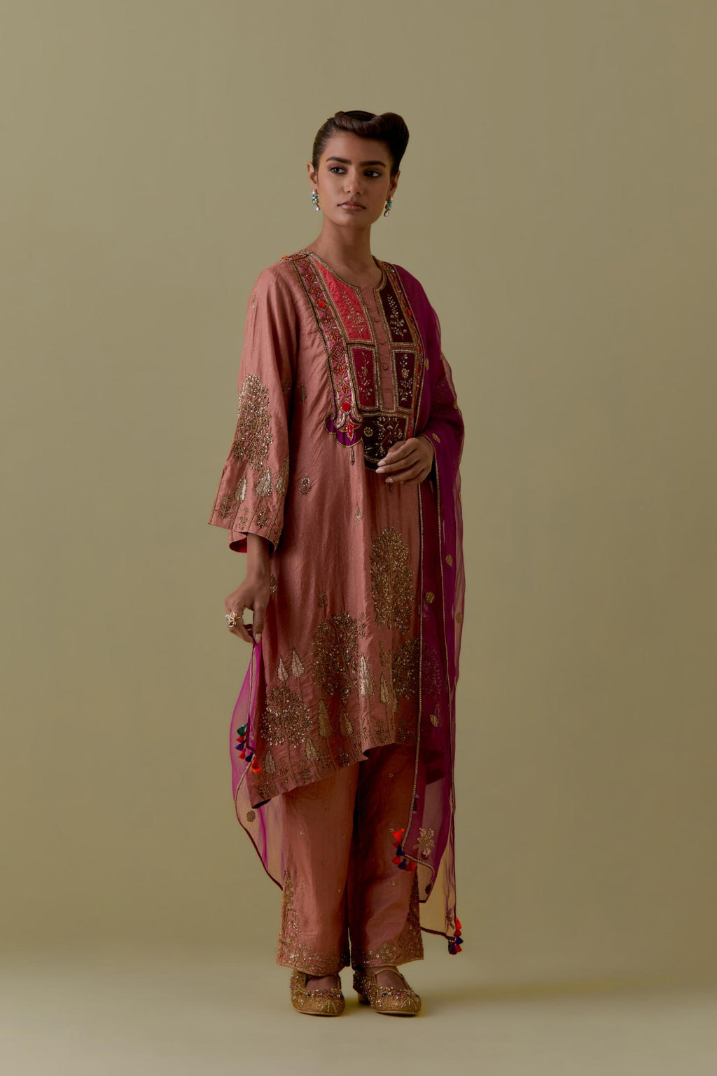 Peach A-Line silk short Kurta set with Multicoloured Appliqué & Gold Handwork.