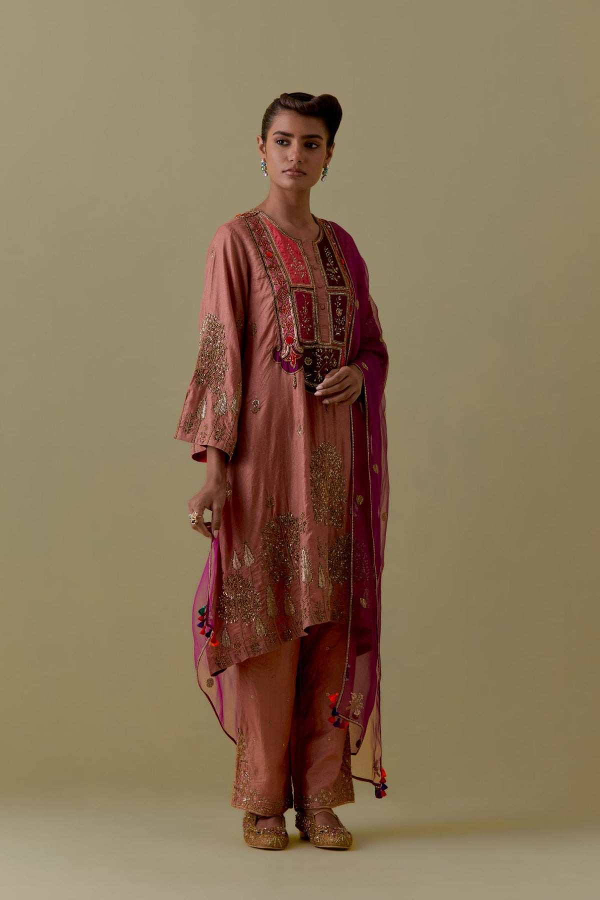 Peach A-Line silk short Kurta set with Multicoloured Appliqué & Gold Handwork.