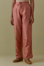 Peach Silk Hand-Block Printed Straight Pants with hand work at hem.