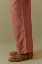 Peach Silk Hand-Block Printed Straight Pants with hand work at hem.