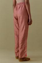 Peach Silk Hand-Block Printed Straight Pants with hand work at hem.