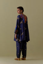 Indigo silk A-Line Kurta set with multicoloured appliqué & Hand-Worked Bird Motifs.
