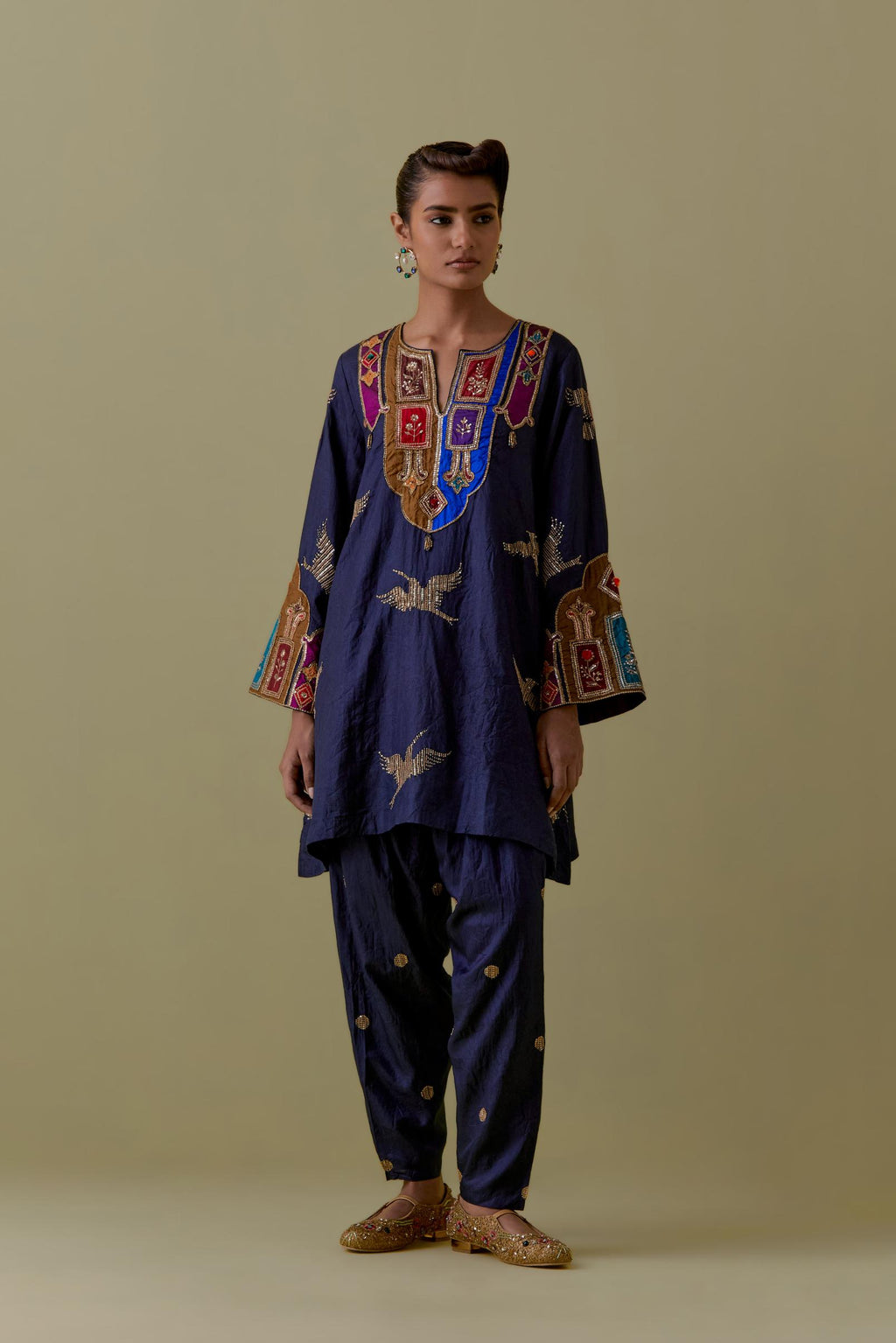 Indigo silk A-Line Kurta set with multicoloured appliqué & Hand-Worked Bird Motifs.