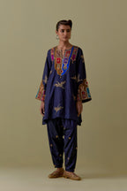 Indigo silk A-Line Kurta set with multicoloured appliqué & Hand-Worked Bird Motifs.