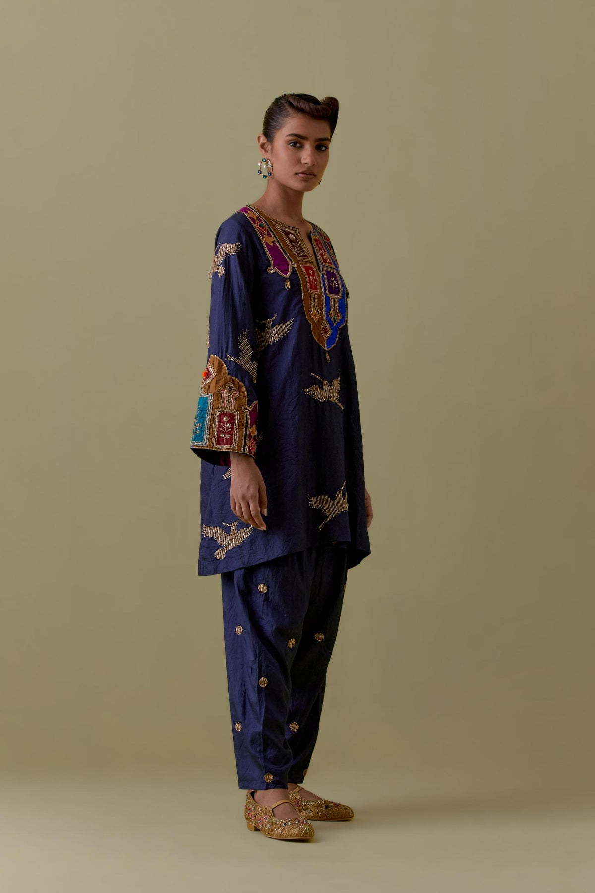 Indigo silk A-Line Kurta set with multicoloured appliqué & Hand-Worked Bird Motifs.