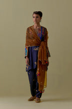 Indigo silk A-Line Kurta set with multicoloured appliqué & Hand-Worked Bird Motifs.