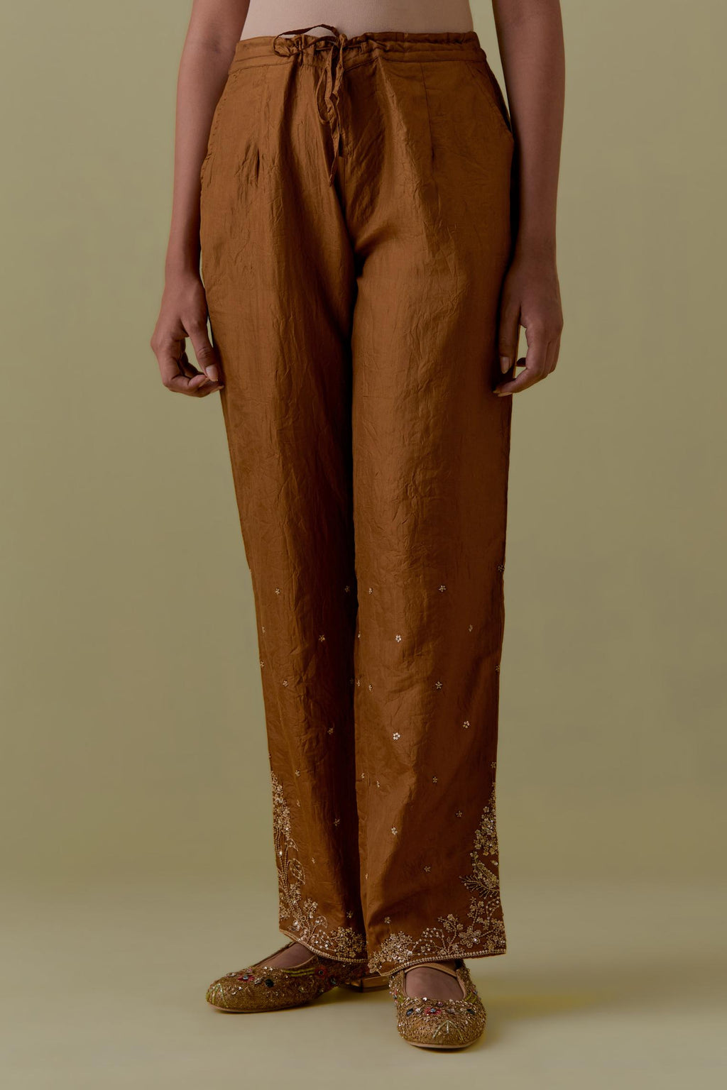 Olive Silk Straight Pants with Floral Handwork