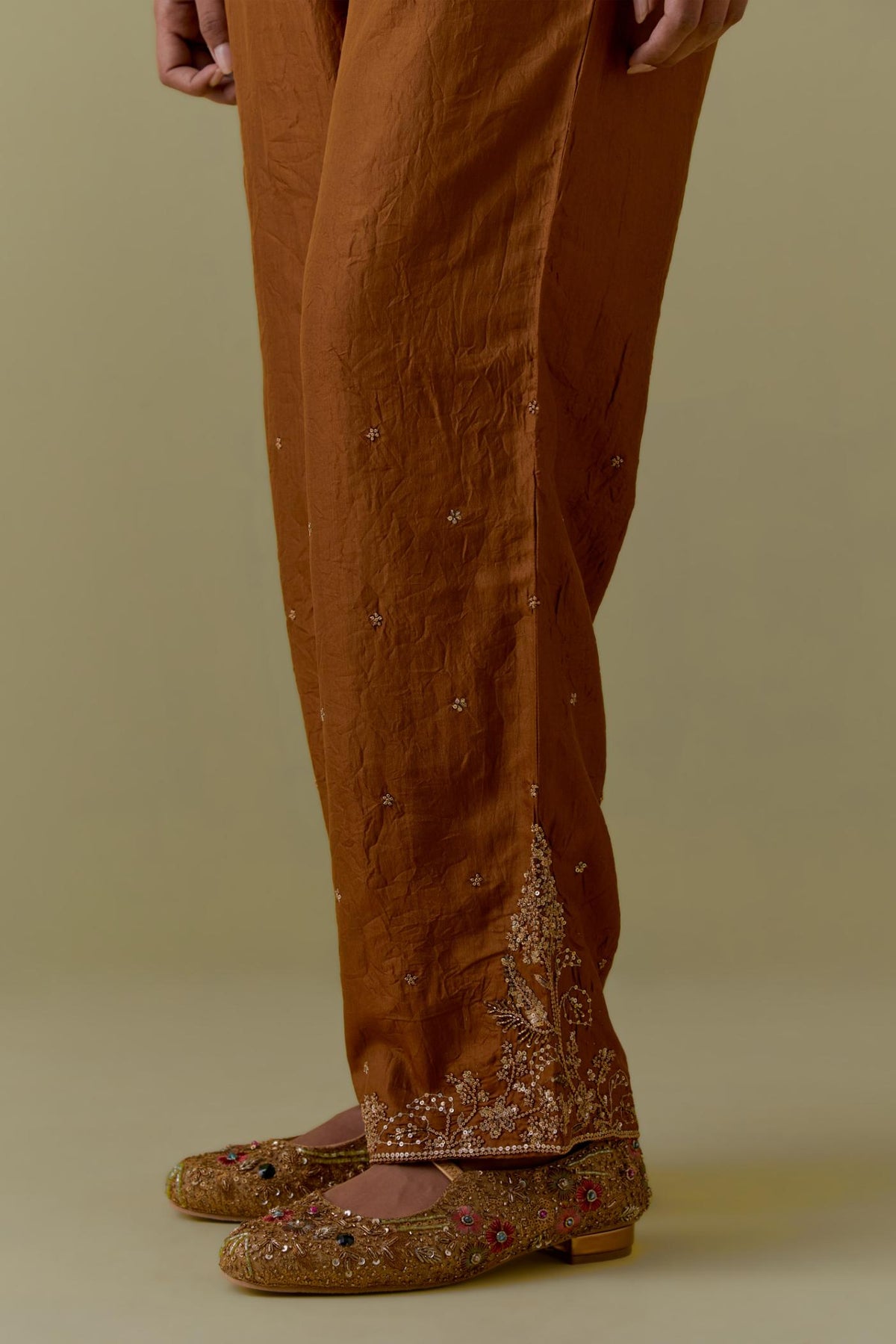 Olive Silk Straight Pants with Floral Handwork