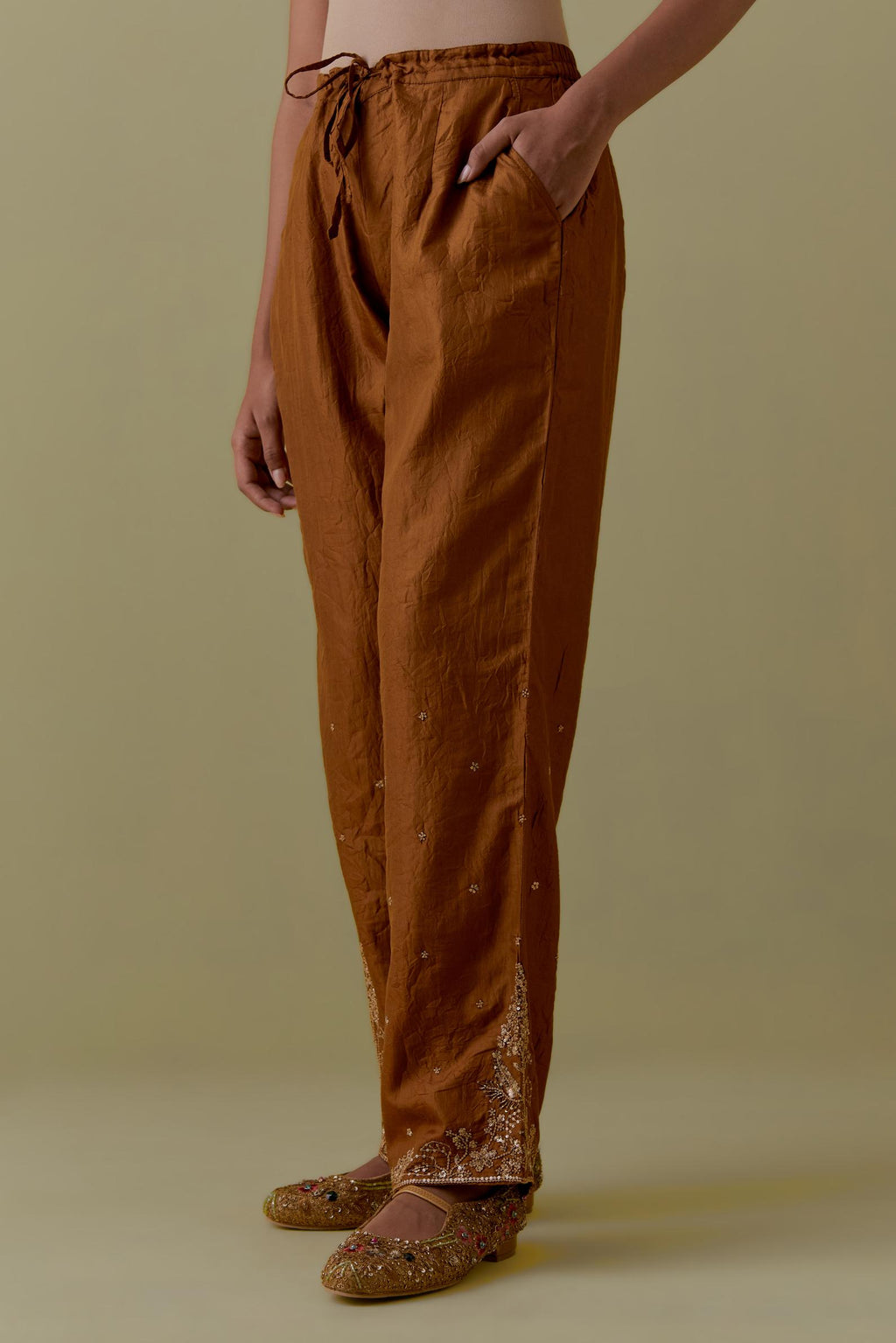 Olive Silk Straight Pants with Floral Handwork