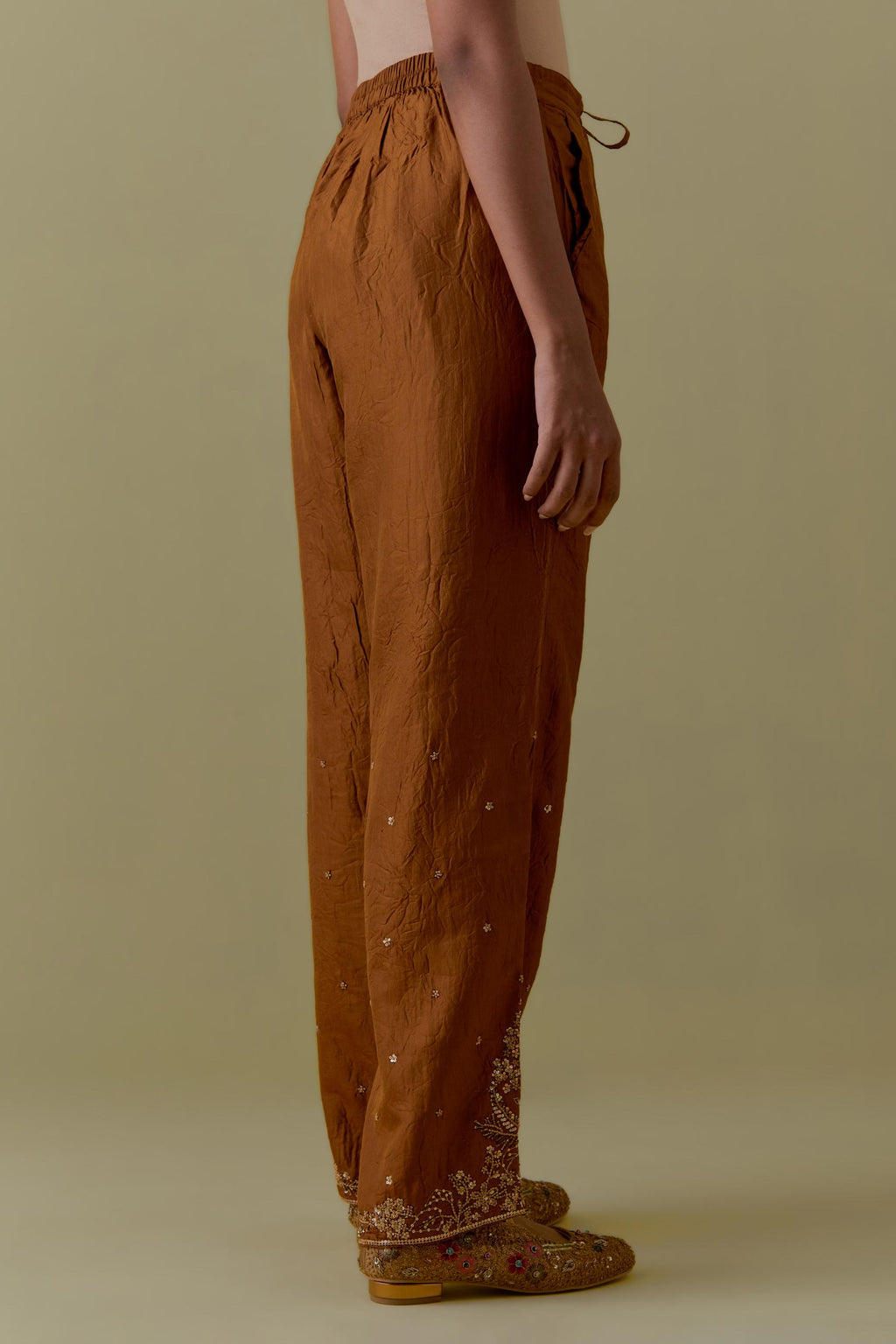 Olive Silk Straight Pants with Floral Handwork