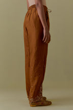 Olive Silk Straight Pants with Floral Handwork