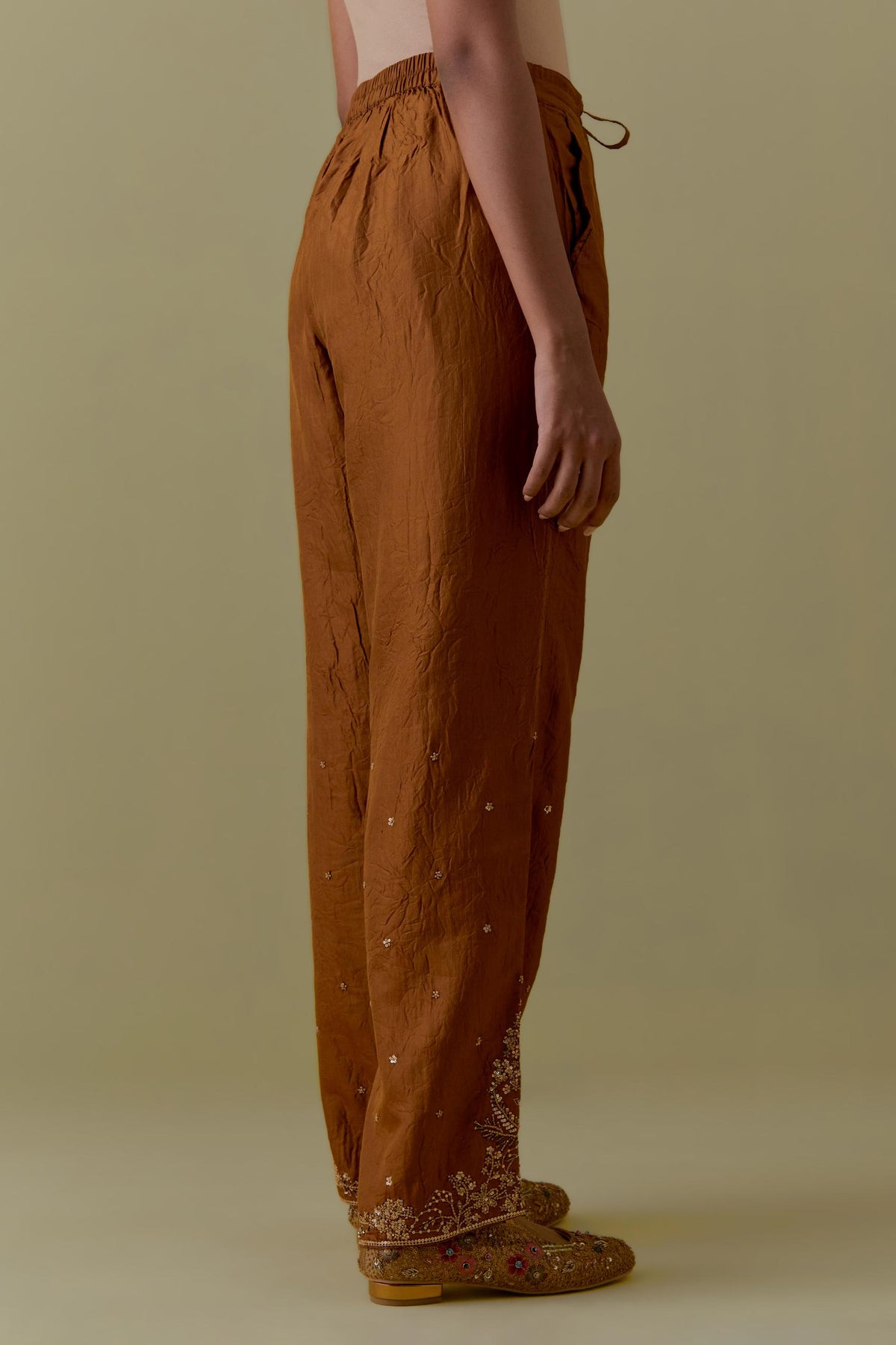 Olive Silk Straight Pants with Floral Handwork