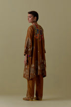 Olive A-Line silk short Kurta set with Multicoloured Appliqué & Gold Handwork.