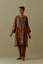 Olive A-Line silk short Kurta set with Multicoloured Appliqué & Gold Handwork.