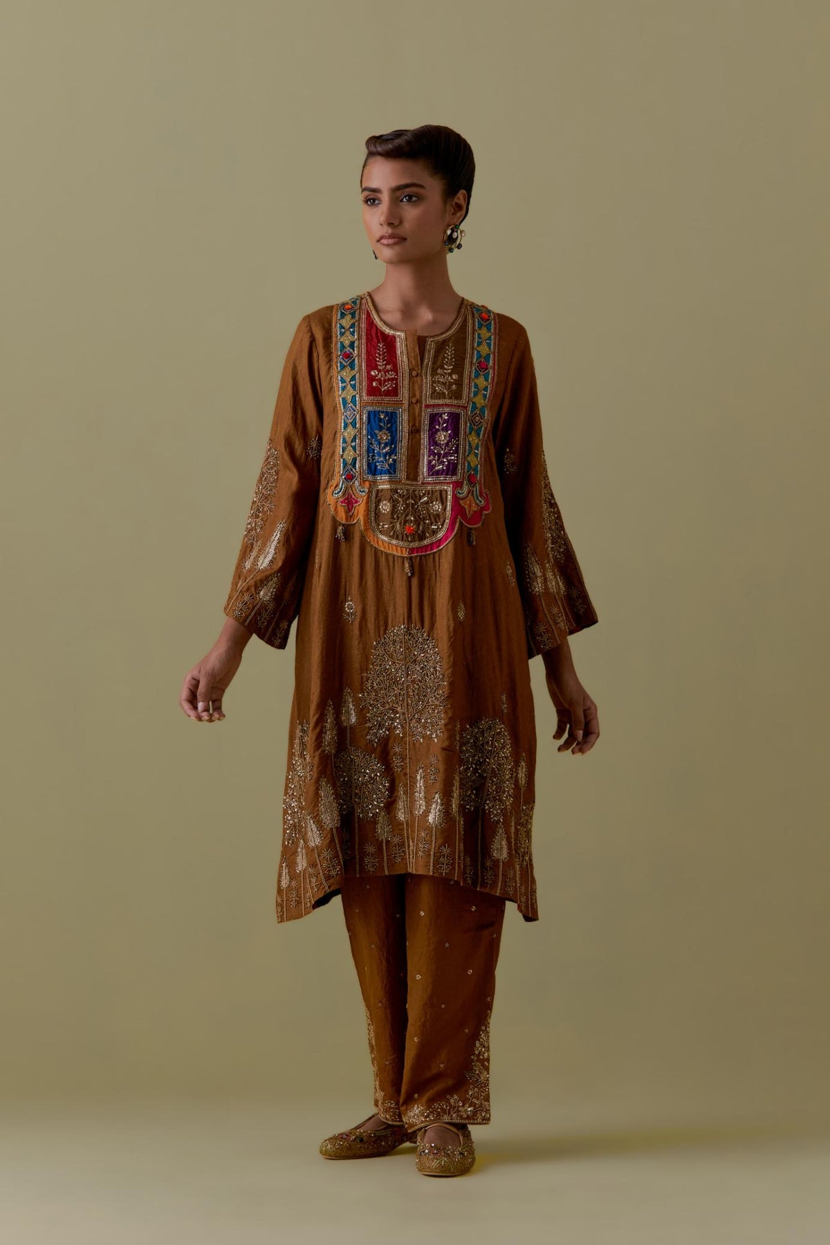 Olive A-Line silk short Kurta set with Multicoloured Appliqué & Gold Handwork.