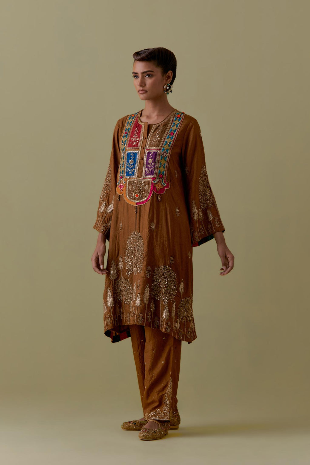Olive A-Line silk short Kurta set with Multicoloured Appliqué & Gold Handwork.