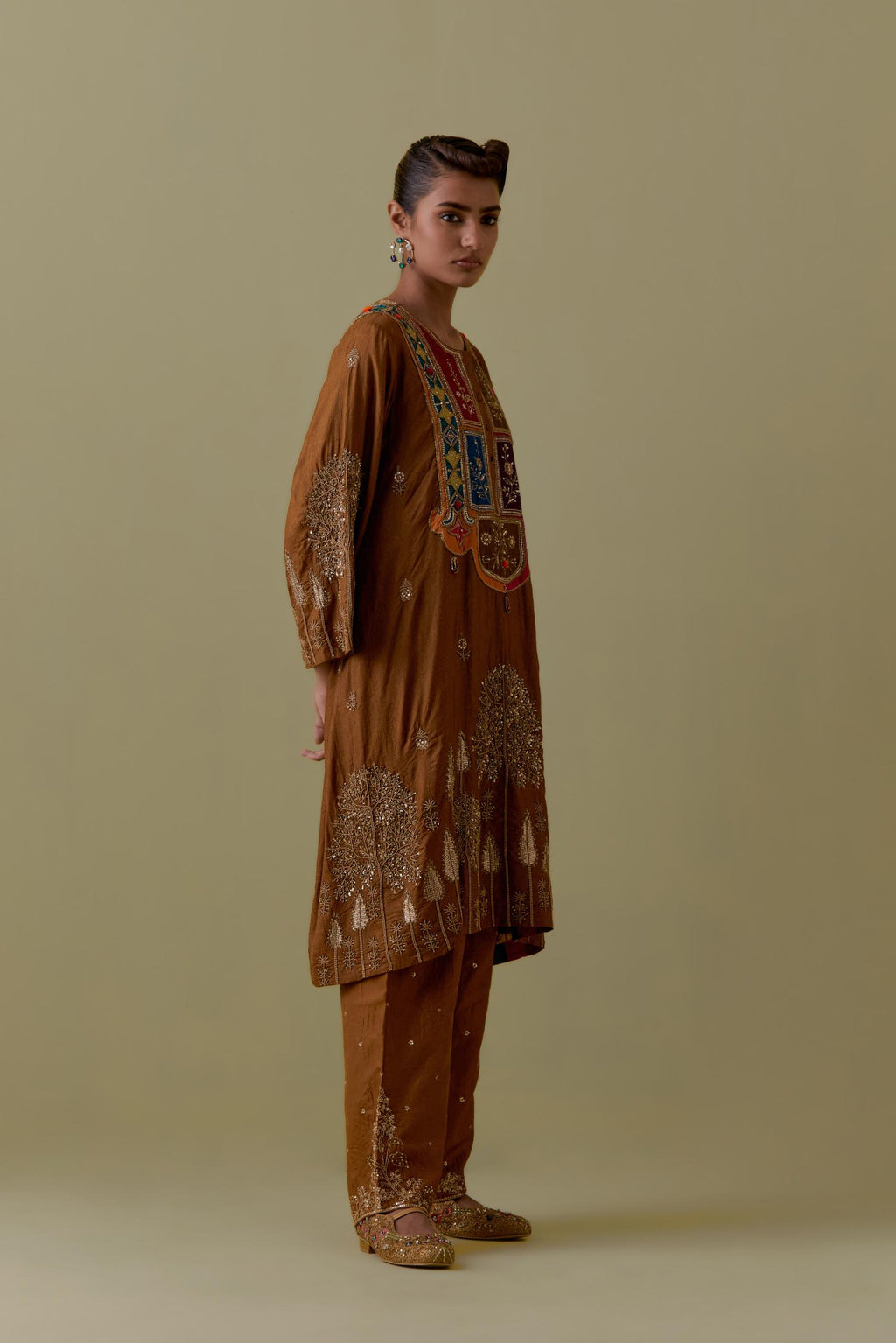 Olive A-Line silk short Kurta set with Multicoloured Appliqué & Gold Handwork.