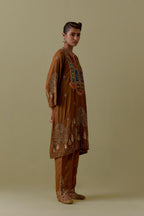 Olive A-Line silk short Kurta set with Multicoloured Appliqué & Gold Handwork.