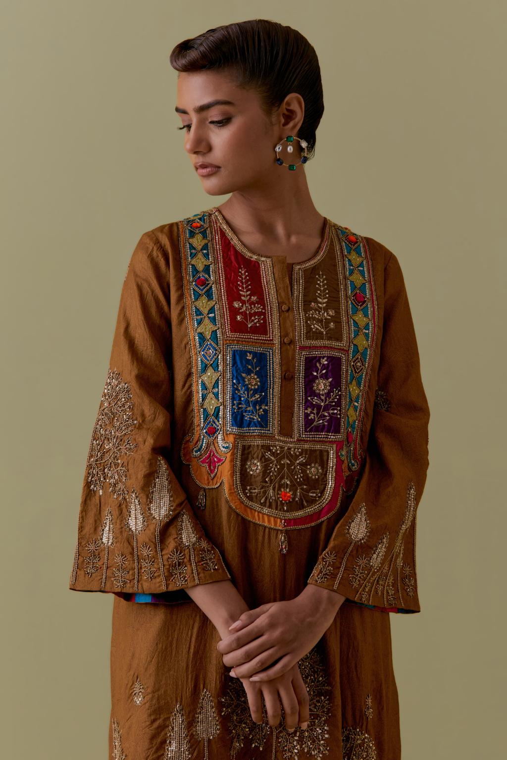 Olive A-Line silk short Kurta set with Multicoloured Appliqué & Gold Handwork.