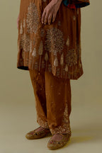 Olive A-Line silk short Kurta set with Multicoloured Appliqué & Gold Handwork.