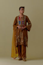Olive A-Line silk short Kurta set with Multicoloured Appliqué & Gold Handwork.