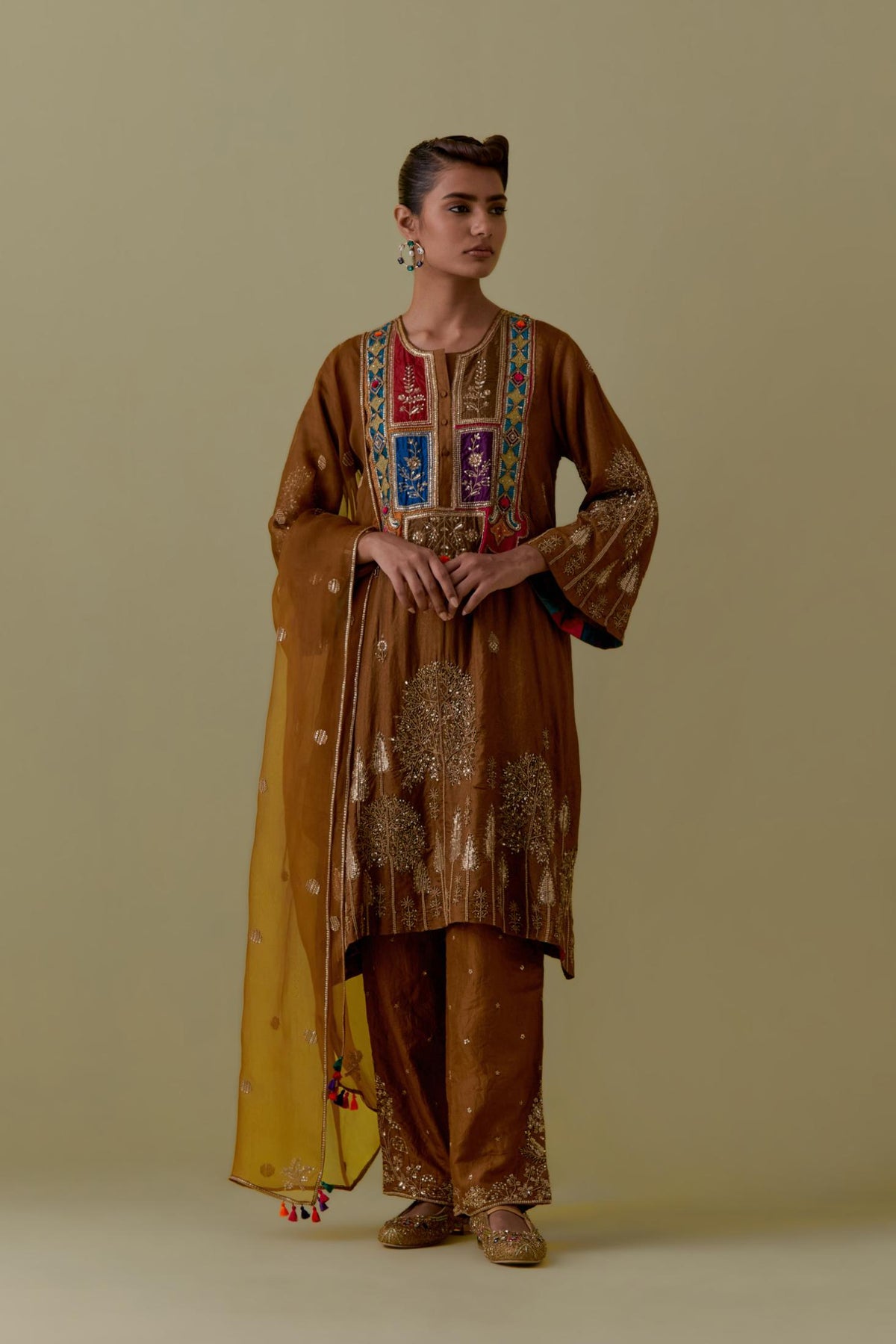 Olive A-Line silk short Kurta set with Multicoloured Appliqué & Gold Handwork.