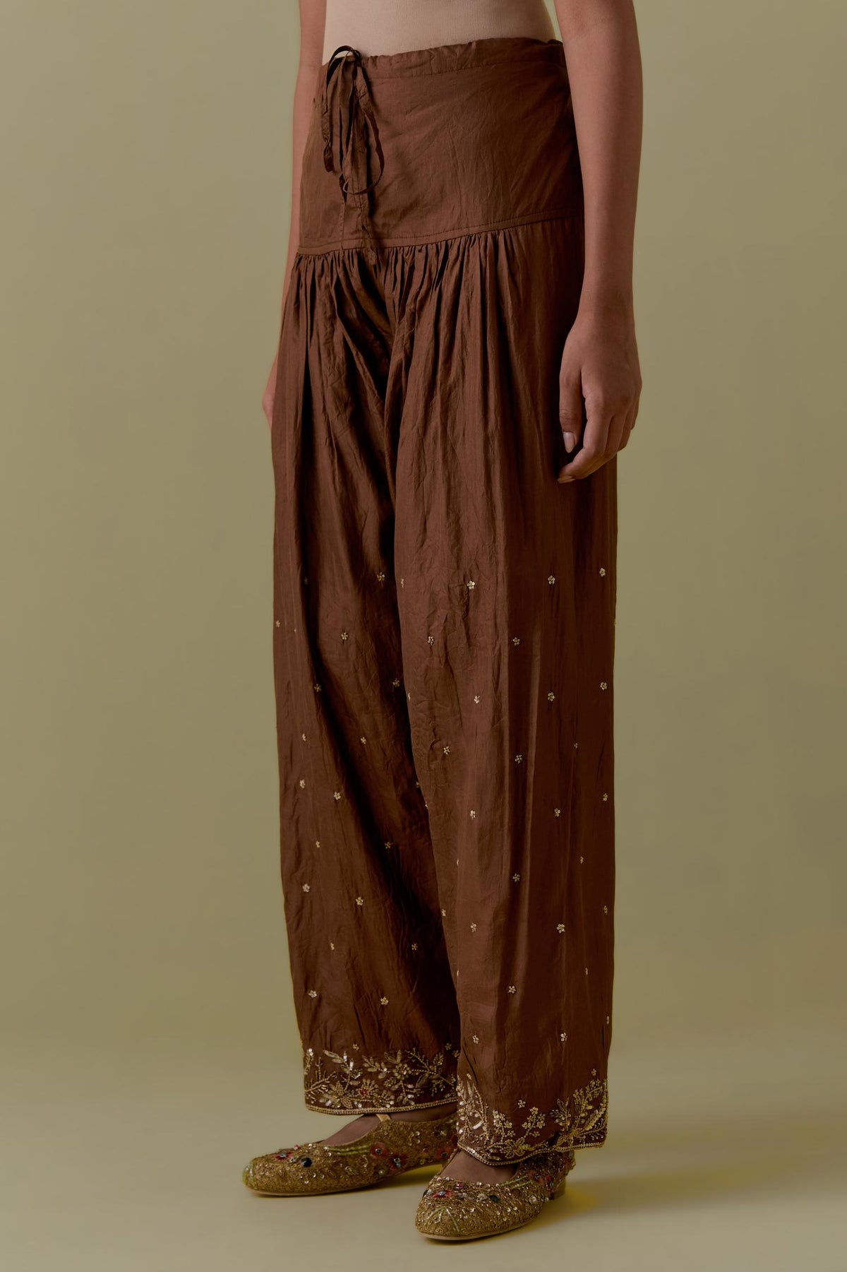 Chocolate Silk Farshi Salwar with Floral Handwork