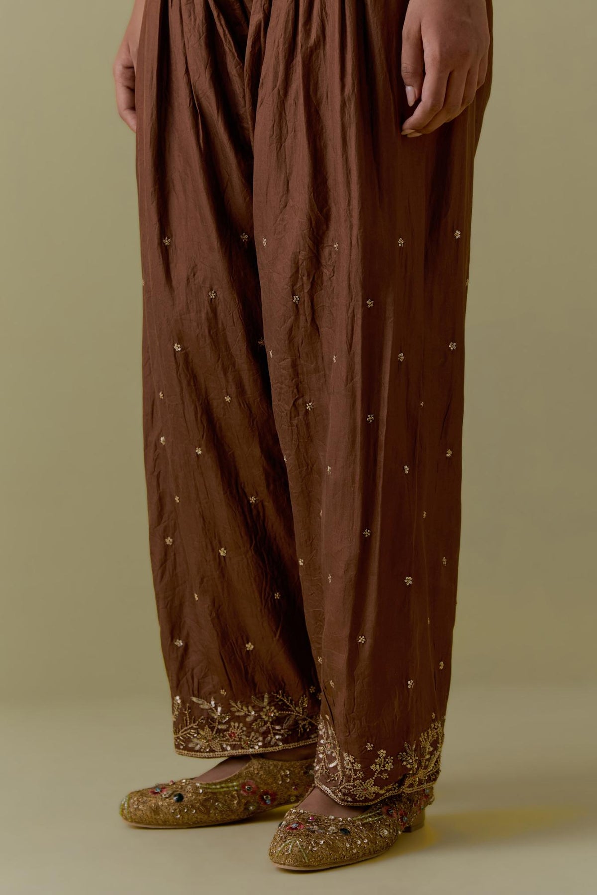 Chocolate Silk Farshi Salwar with Floral Handwork