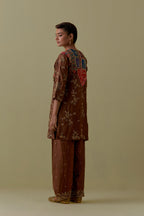 Chocolate Silk Short Kurta set with Multicoloured Appliqué & Handwork.