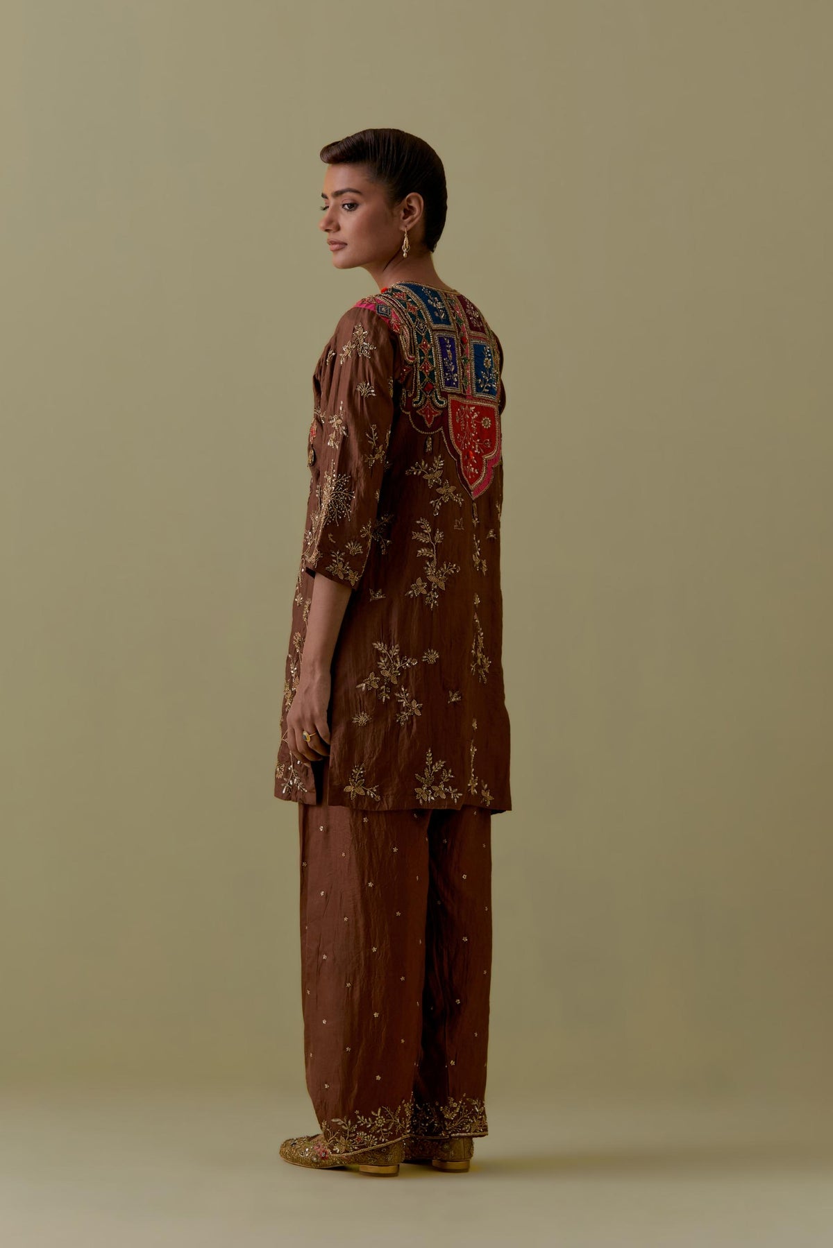 Chocolate Silk Short Kurta set with Multicoloured Appliqué & Handwork.