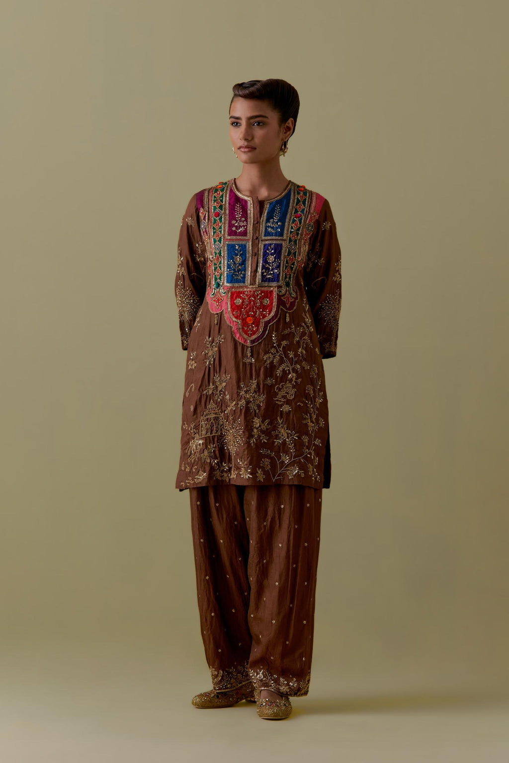 Chocolate Silk Short Kurta set with Multicoloured Appliqué & Handwork.
