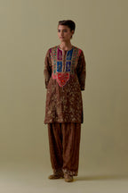 Chocolate Silk Short Kurta set with Multicoloured Appliqué & Handwork.