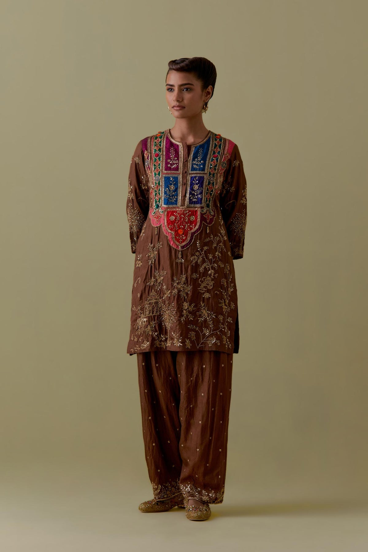 Chocolate Silk Short Kurta set with Multicoloured Appliqué & Handwork.