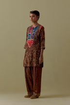 Chocolate Silk Short Kurta set with Multicoloured Appliqué & Handwork.