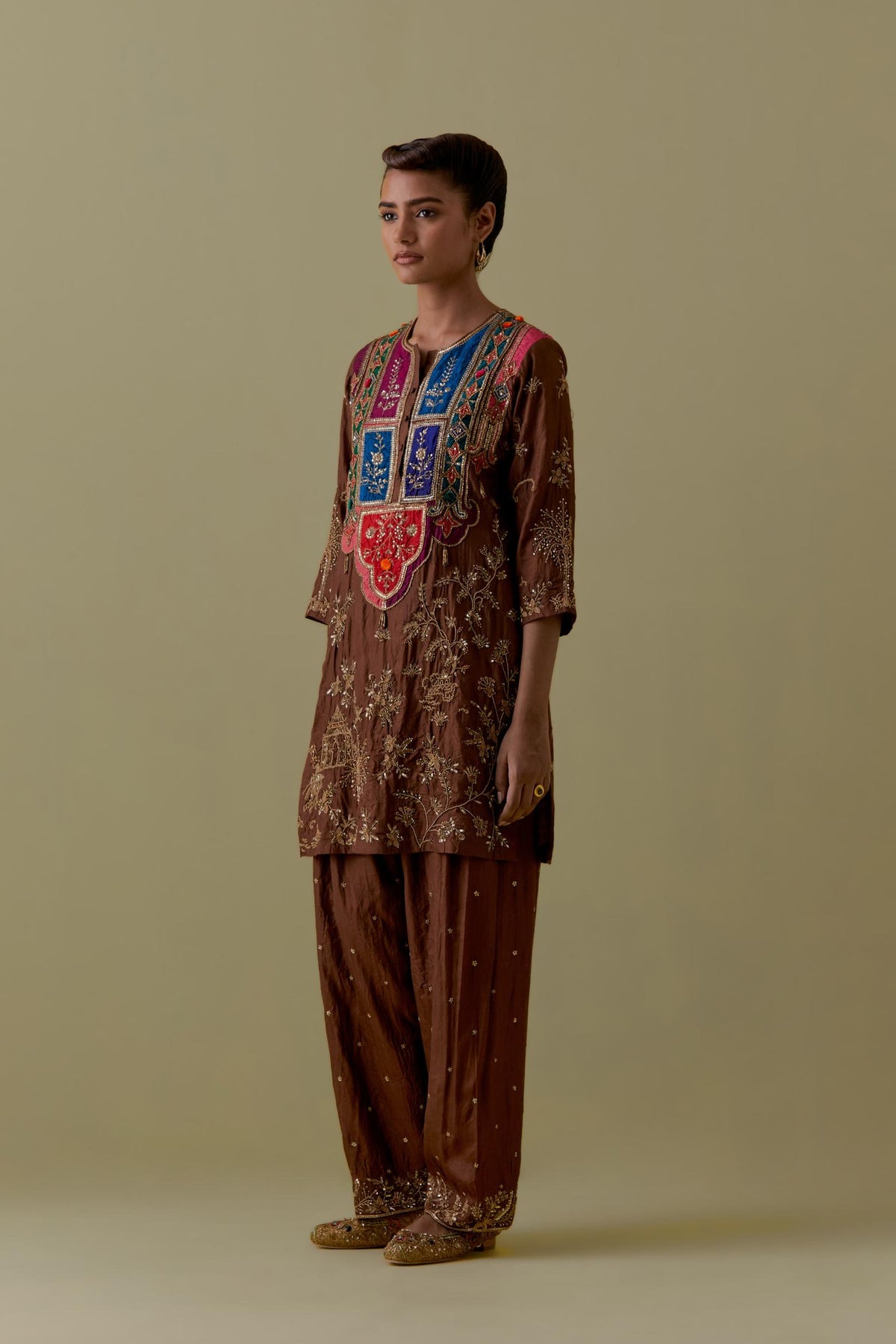 Chocolate Silk Short Kurta set with Multicoloured Appliqué & Handwork.