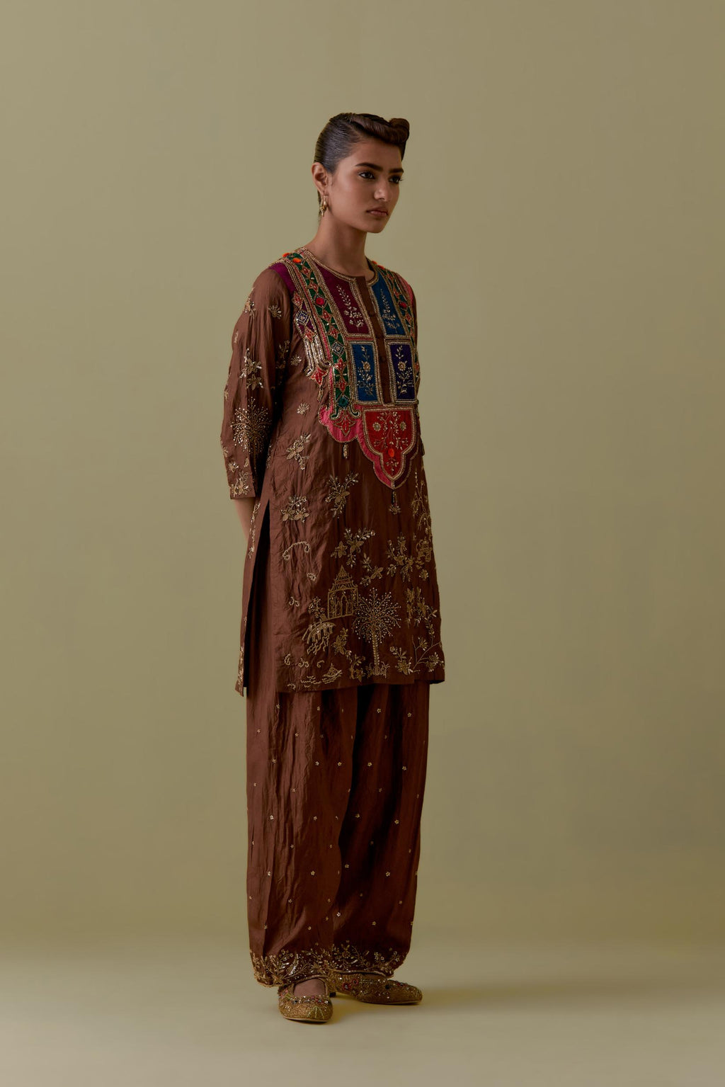 Chocolate Silk Short Kurta set with Multicoloured Appliqué & Handwork.